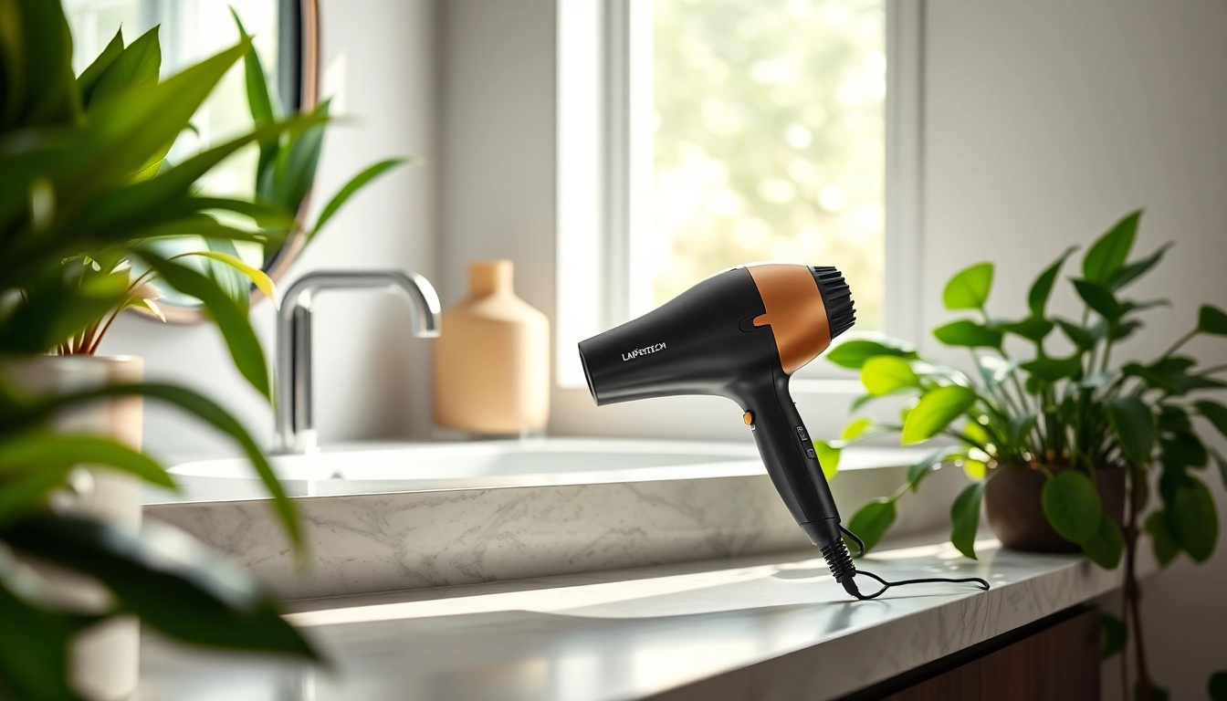 Showcasing Laifentech hair dryer on a stylish countertop emphasizing modern design.