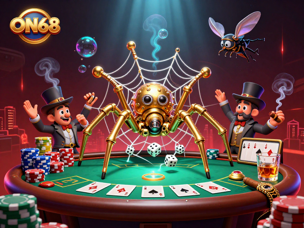 Experience the thrill at ON68 as the steampunk spider captures dice in its golden web amidst vibrant casino elements.