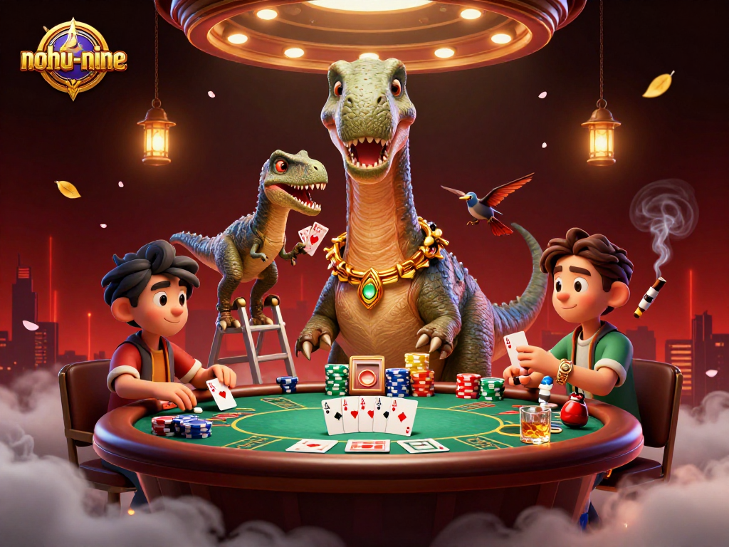 Engage in the excitement of nohu-nine as a towering brontosaurus watches a lively poker game unfold below in a vibrant casino.