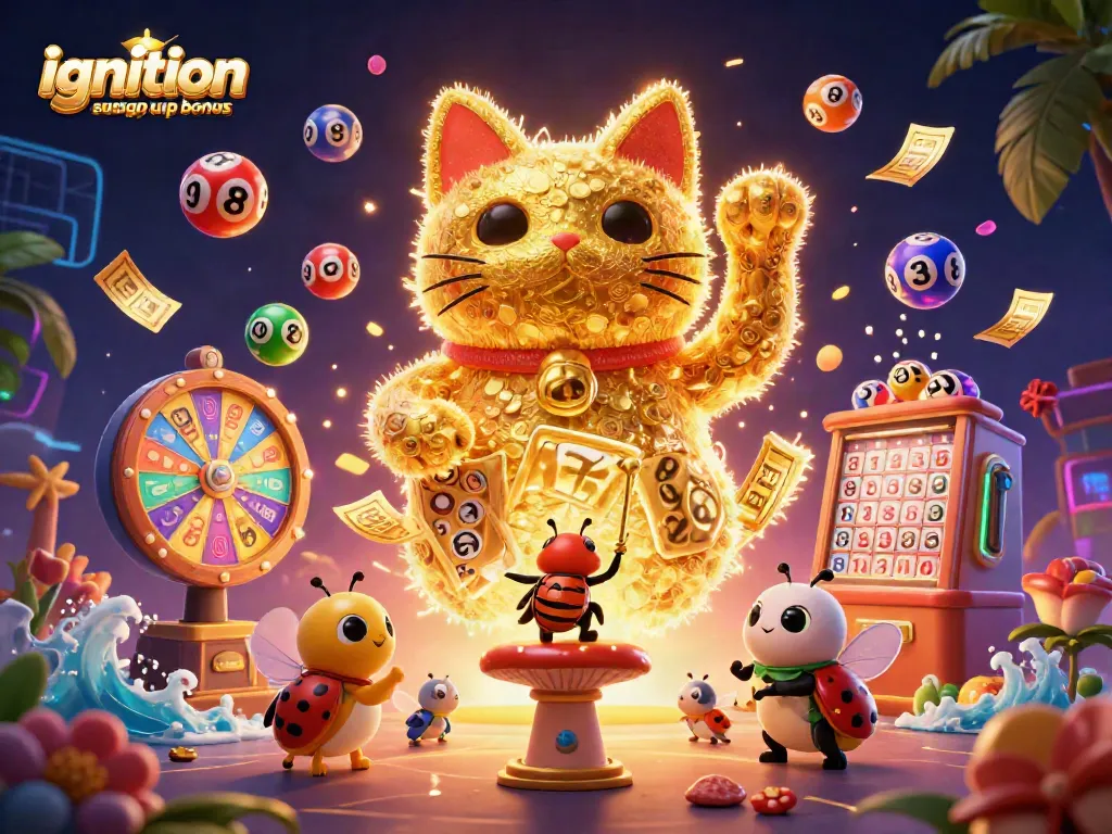 Experience the exciting ignition casino sign up bonus with a vibrant lucky cat and dynamic casino symbols.