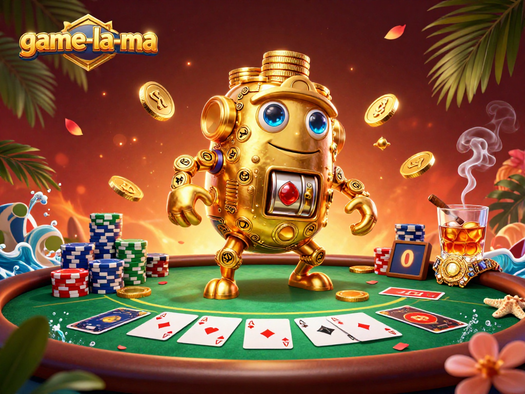 Engage with game-la-ma's vibrant poker scene featuring a golden golem and colorful chips.