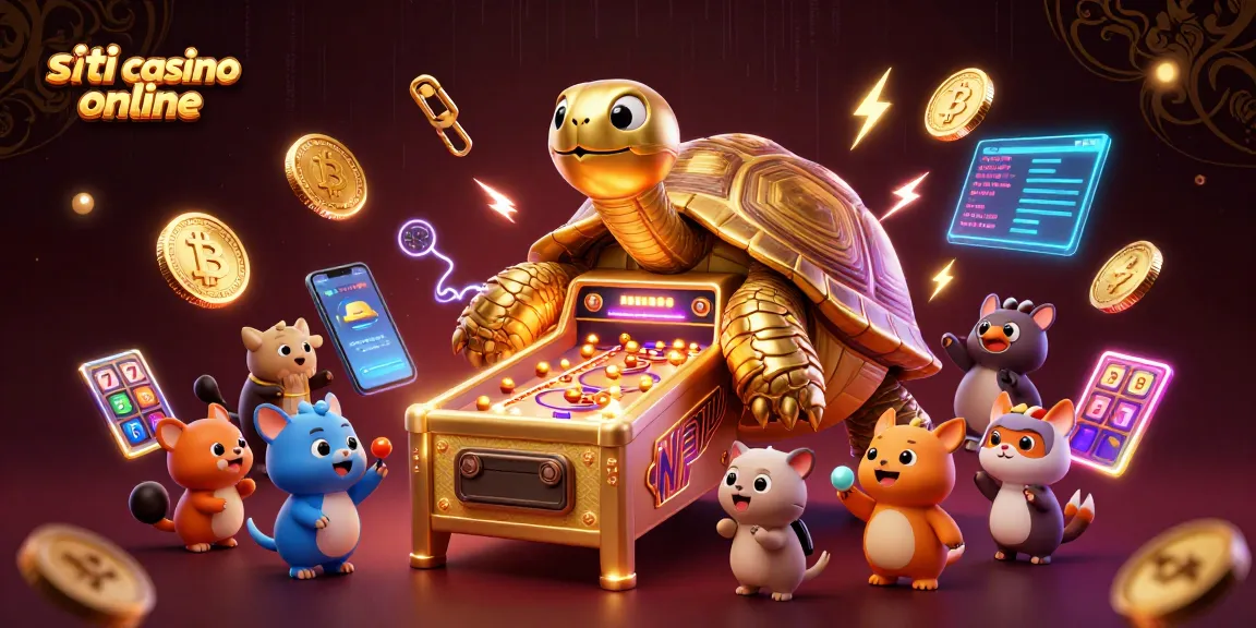 Gioca nei siti casino online con questa vivace illustrazione 3D di una tartaruga d'oro e animali entusiasti.