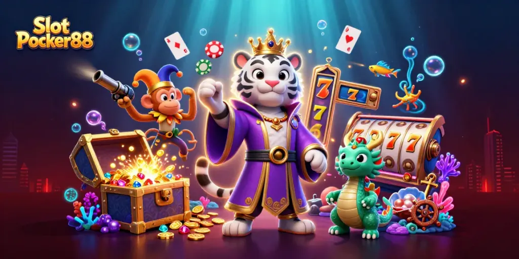 Spin vibrant Slot Poker88 reels with a playful golden monkey and a majestic white tiger in a dazzling 3D scene.