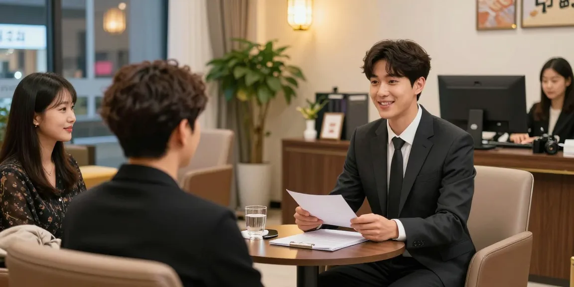 Engaging manager at 단밤오피 explaining 청주op services in a cozy office setting, showcasing community-oriented local services.