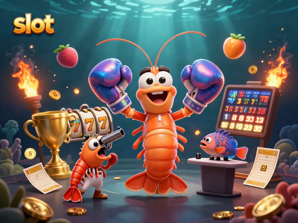 Slot menghadirkan momen keberuntungan dengan ikan mantis dan teman-temannya merayakan kemenangan jackpot di dunia kasino.