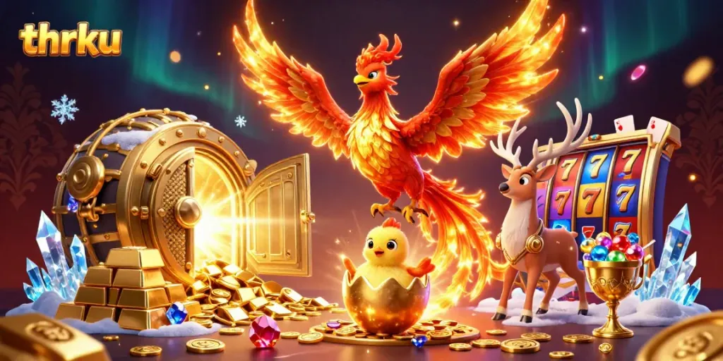 Join the thrilling casino adventure with thrku's vibrant phoenix and mystical stag illustration.