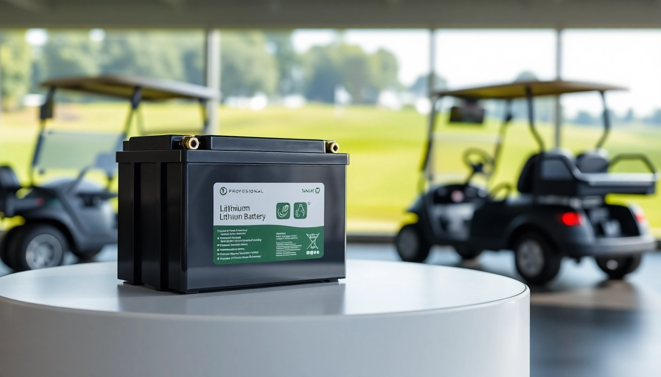 Showcase of lithium golf cart batteries highlighting features on a modern display table.