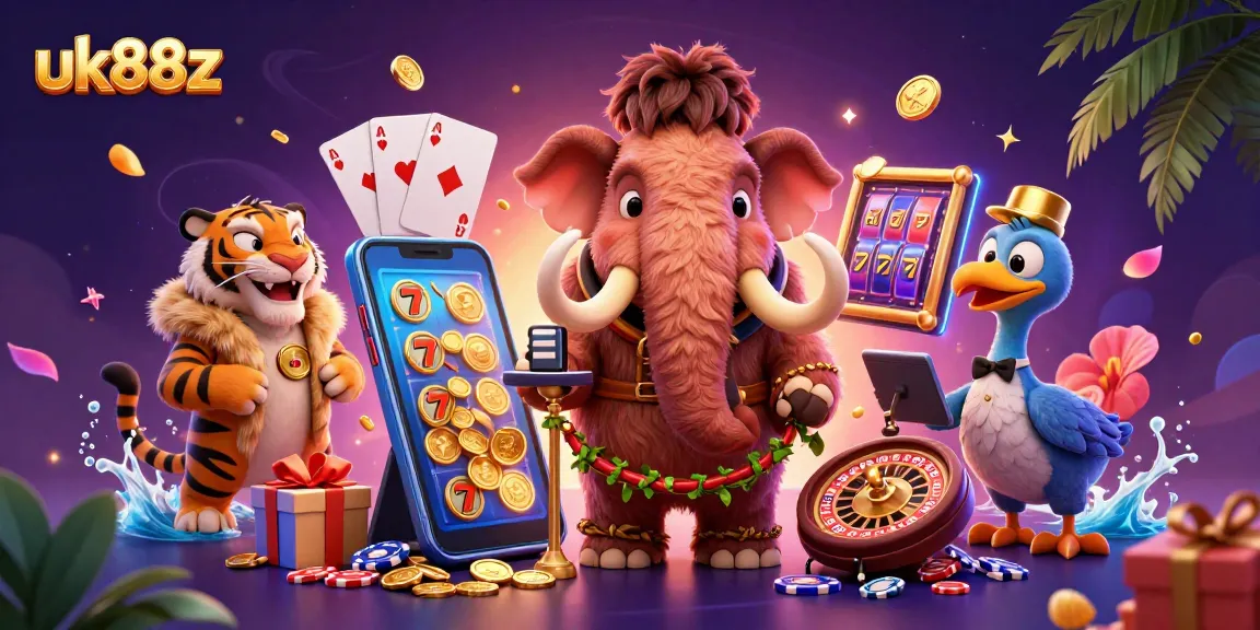 uk88z casino scene featuring a woolly mammoth bouncer checking IDs with vibrant slot game elements.