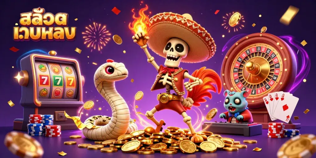 Experience the thrill of สล็อตเว็บตรง gaming with vibrant characters and casino elements celebrating together.