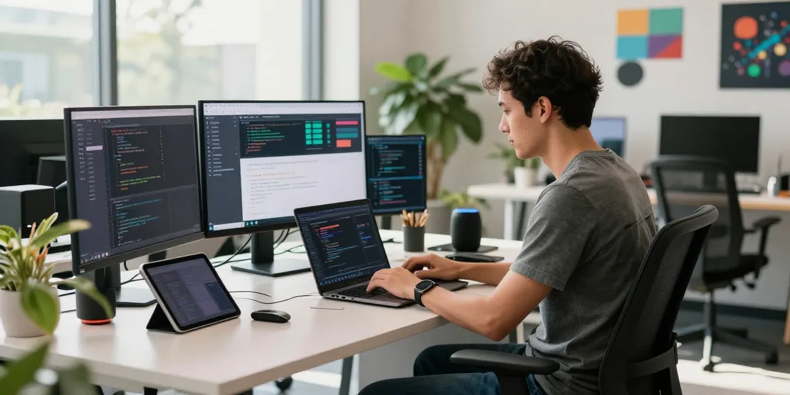 Developer working on bdtjl project in a vibrant coworking space with tech gadgets and natural light.