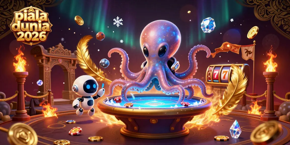 Join the excitement of piala dunia 2026 with a colorful illustration of a lively casino scene featuring an alien octopus and a robot companion.