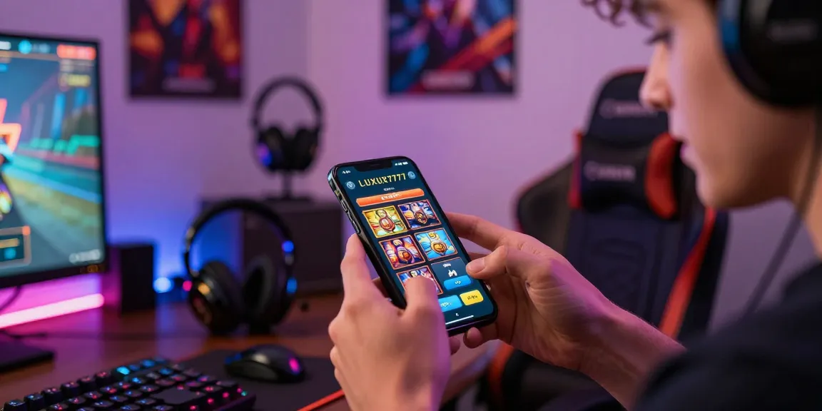 Menampilkan Cara Login LUXURY777 pada aplikasi slot dengan suasana gaming seru dan aksesori modern.