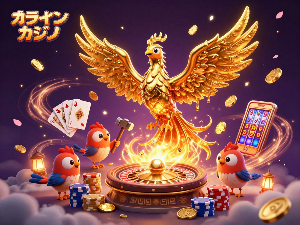 オンラインカジノでのゲーム体験を盛り上げる、黄金の不死鳥とカジノ要素が満載のイラスト。