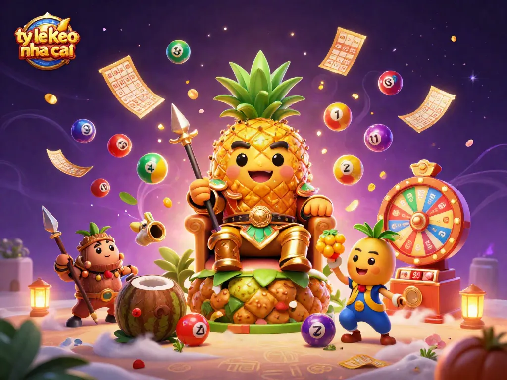 Engage with ty le keo nha cai, featuring a vibrant casino scene with the golden pineapple king amidst colorful raffle elements.
