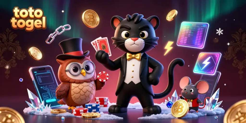 Engage in toto togel with a stylish panther, owl, and mouse in a rich 3D casino scene.