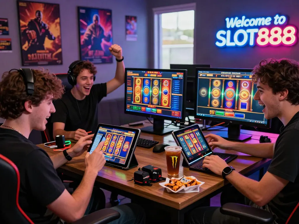Slot gacor hari ini players enjoying an exciting gaming session on SLOT888 platform with dynamic visuals.