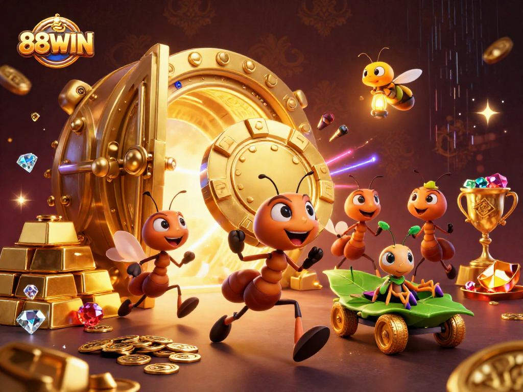 Experience the thrilling heist in 88WIN as ant thieves carry a giant poker chip amidst a treasure explosion.