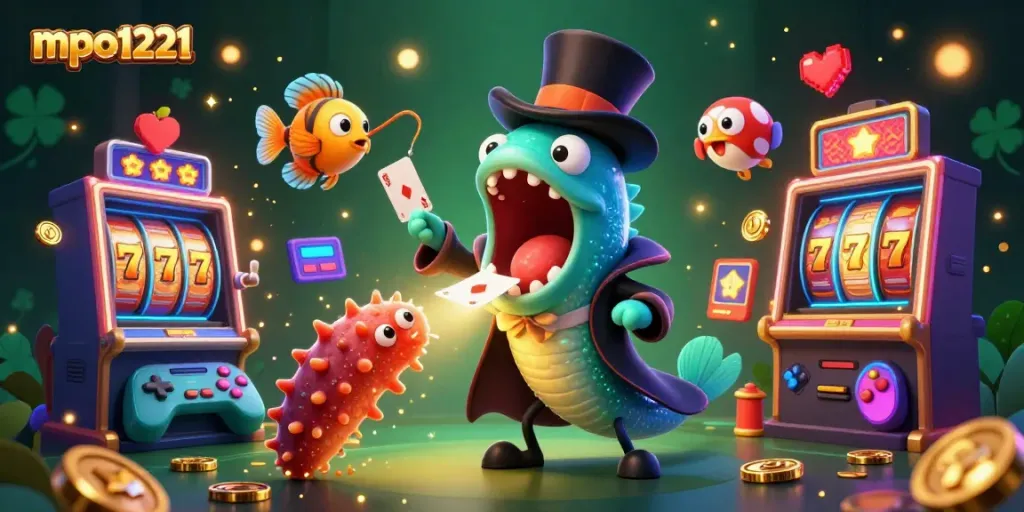 Experience the thrilling magic of mpo1221 with slot reels and vibrant casino elements.