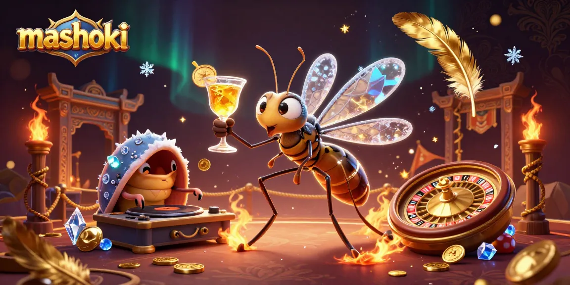 Mashoki's thrilling casino scene features a lively mosquito mascot, trilobite DJ, and golden roulette wheel.
