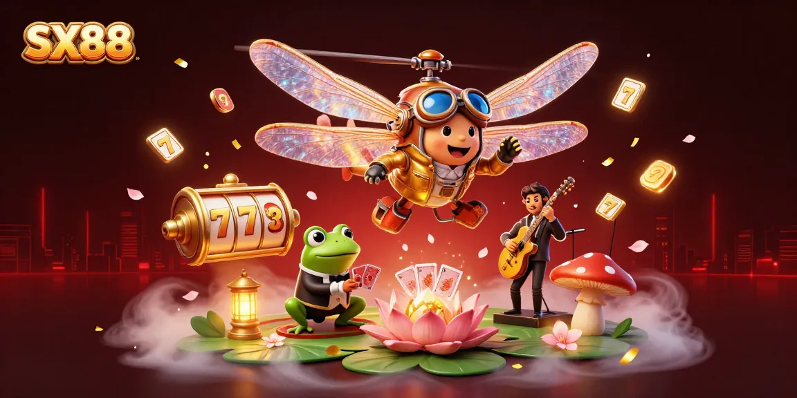 SX88 players win jackpots amid vibrant casino excitement with 3D dragonfly pilot and frog dealer.