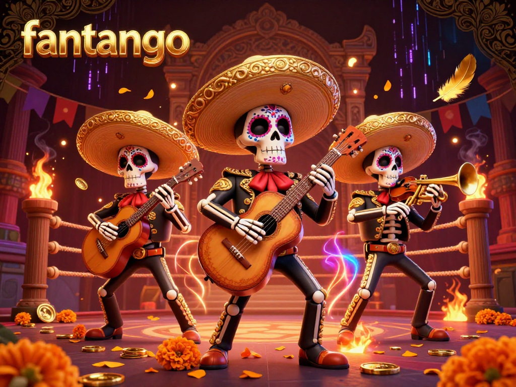 Experience the thrill of winning at fantango with vibrant skeleton musicians in a bustling casino.