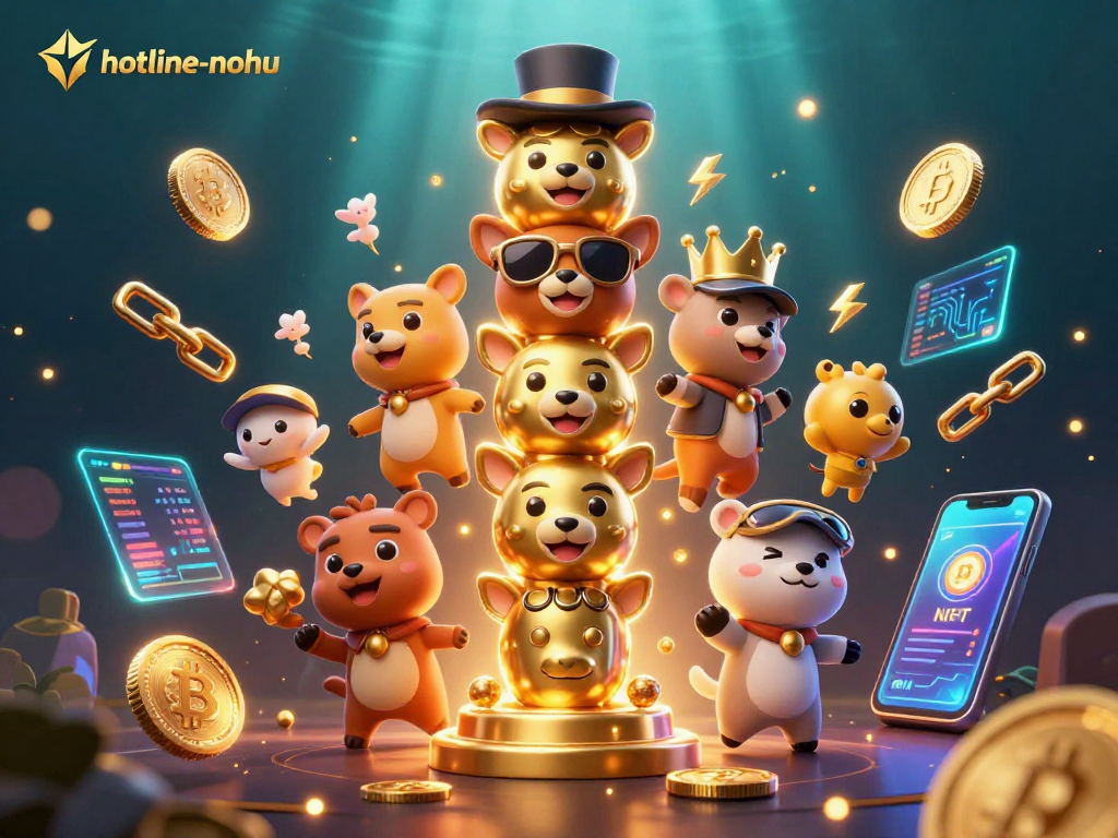 Experience vibrant casino action with hotline-nohu in a detailed 3D animated scene featuring animated animals and crypto elements.