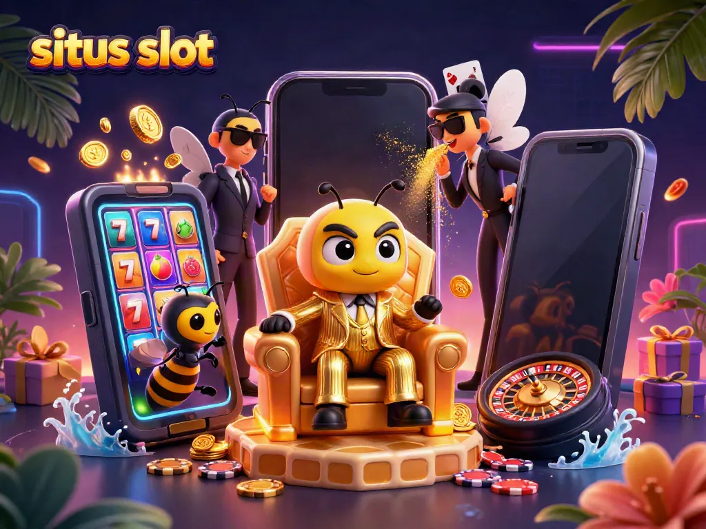 Engage in situs slot gaming with a whimsical 3D bumblebee mob boss and vibrant casino elements.