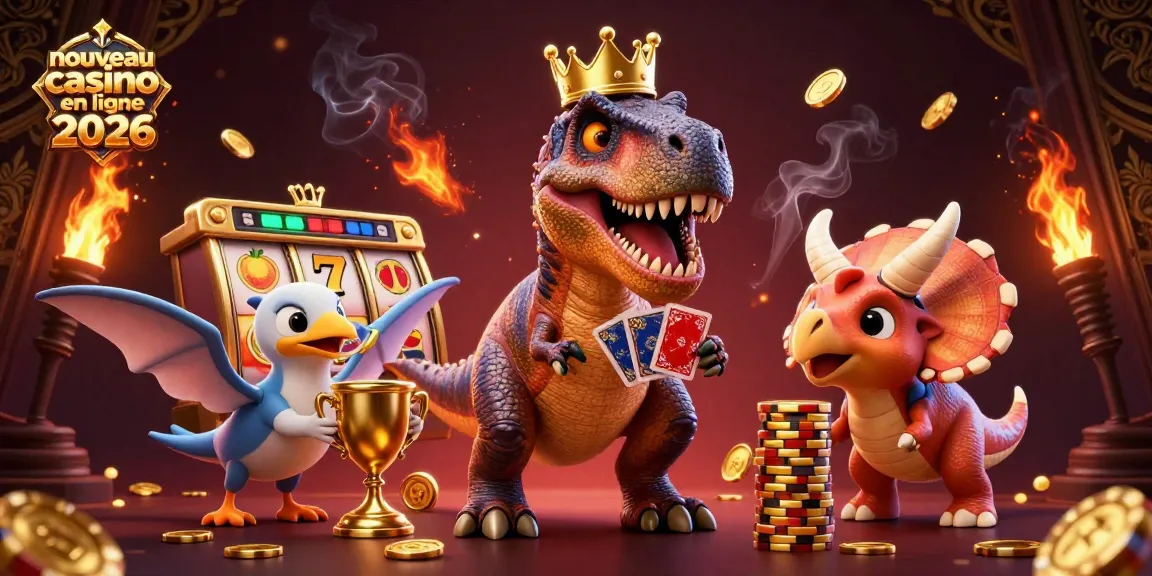 Illustration dynamique d'un nouveau casino en ligne 2026 avec un T-Rex et des éléments de jeu captivants