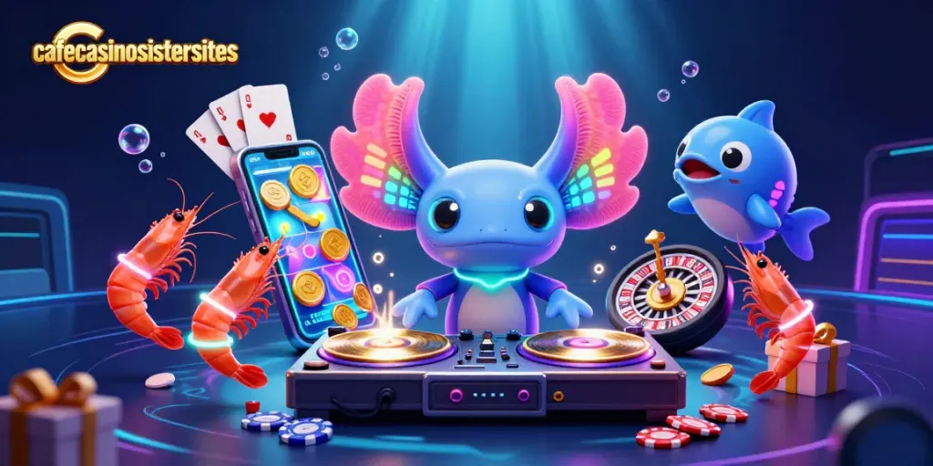 Gamble at cafecasinosistersites with vibrant 3D axolotl DJ, shrimp dancers, and slot games.
