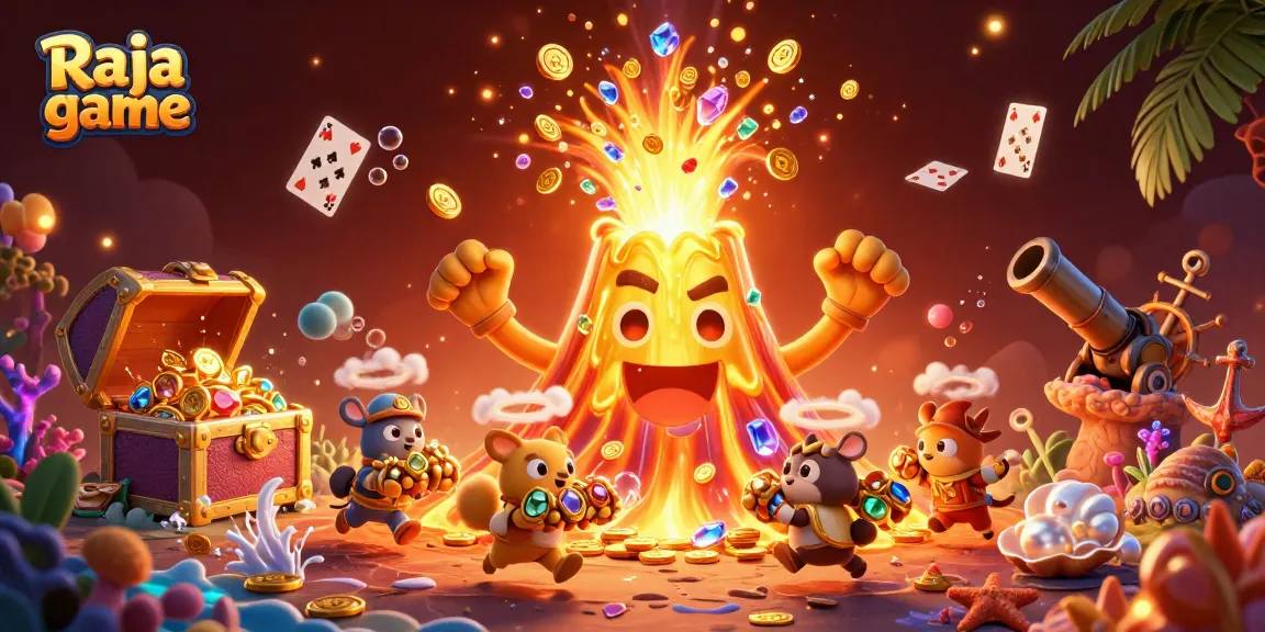 Engage in thrilling Raja game adventures with a vibrant 3D illustration of treasures erupting from a golden volcano.