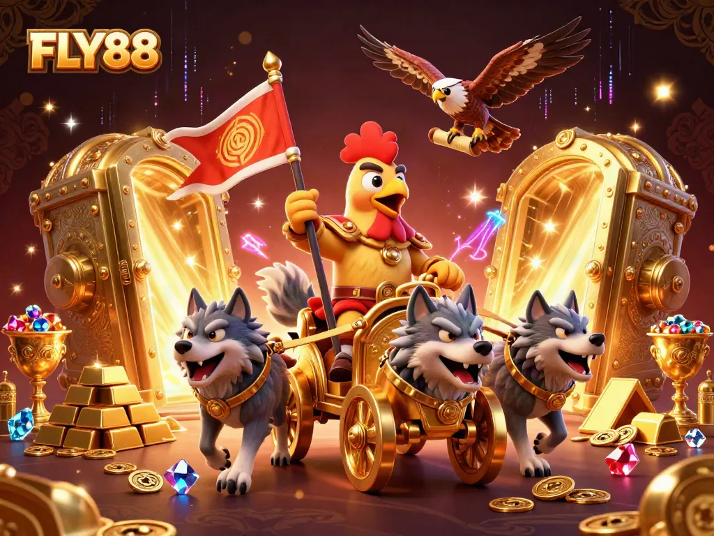 FLY88 features a dynamic scene with a rooster warlord and treasure for gambling adventure.