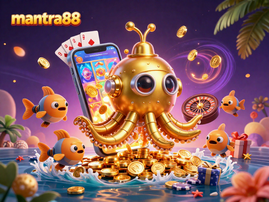 Experience mantra88 with a vibrant 3D slot game scene featuring a golden kraken, coins, and mobile gaming elements.