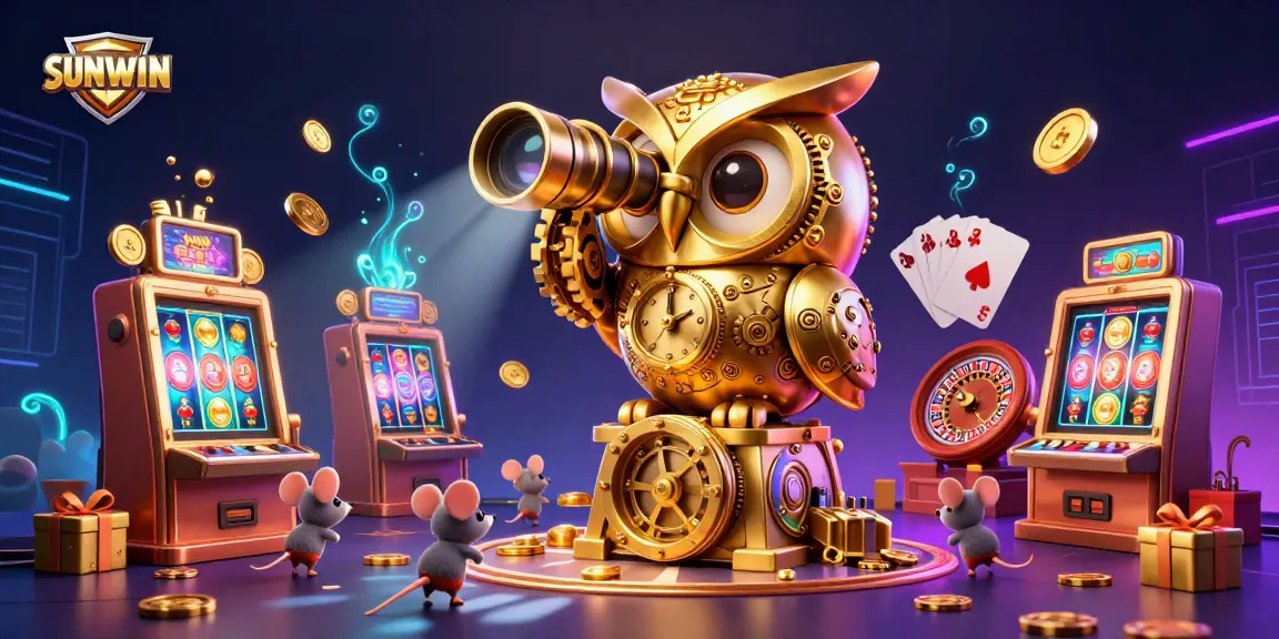 SUNWIN captivates players with its vibrant casino scene featuring a clockwork owl and animated slot machines.