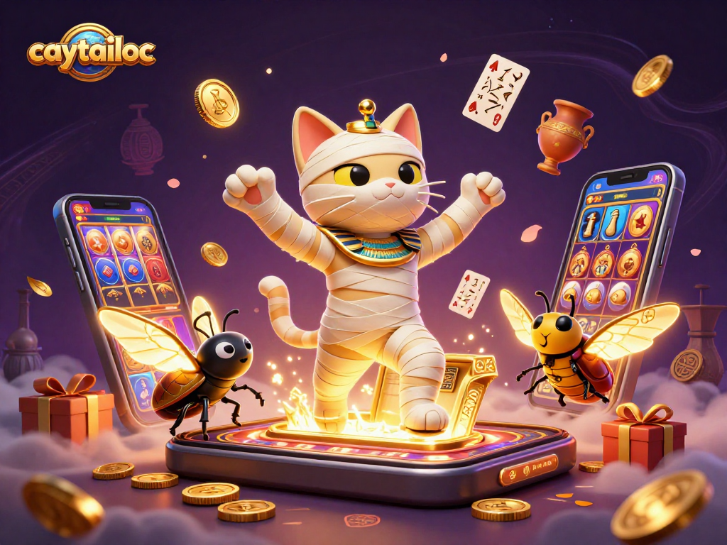 Caytailoc game features a thrilling Egyptian-themed scene with a mummy cat, scarab beetle, and exciting slot elements.