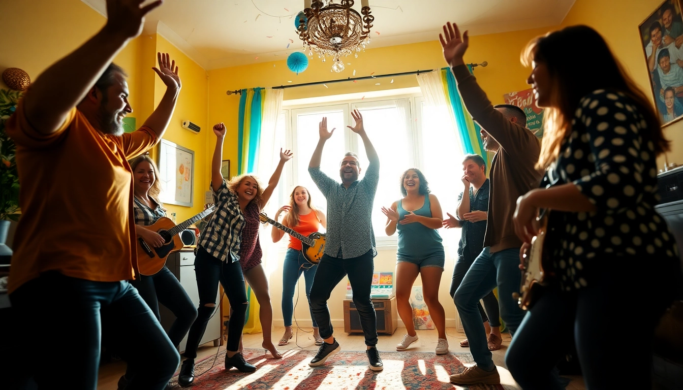 Ascultând muzica vesela, un grup de prieteni dansează vesel în decoruri colorate.