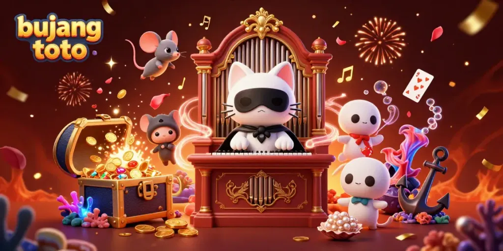 Experience thrilling wins at bujang toto with a vibrant casino scene featuring a masked cat at a pipe organ.