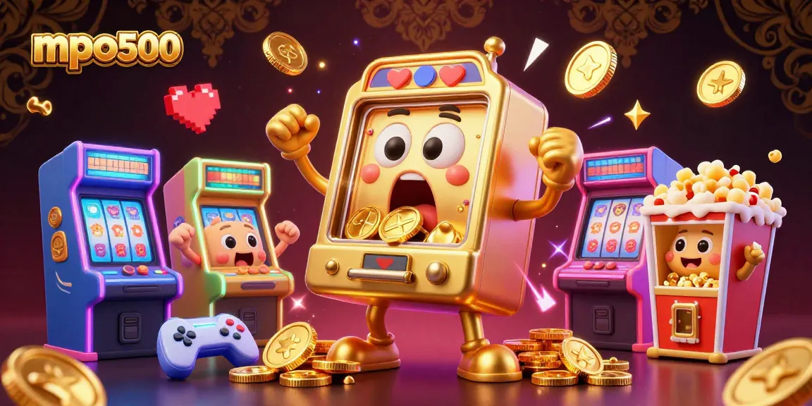 Experience excitement with mpo500 as a golden slot machine hits the jackpot amidst cheers and game elements.