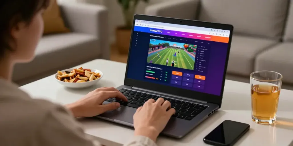 HARGATOTO online gaming platform displayed on laptop in a cozy setting.