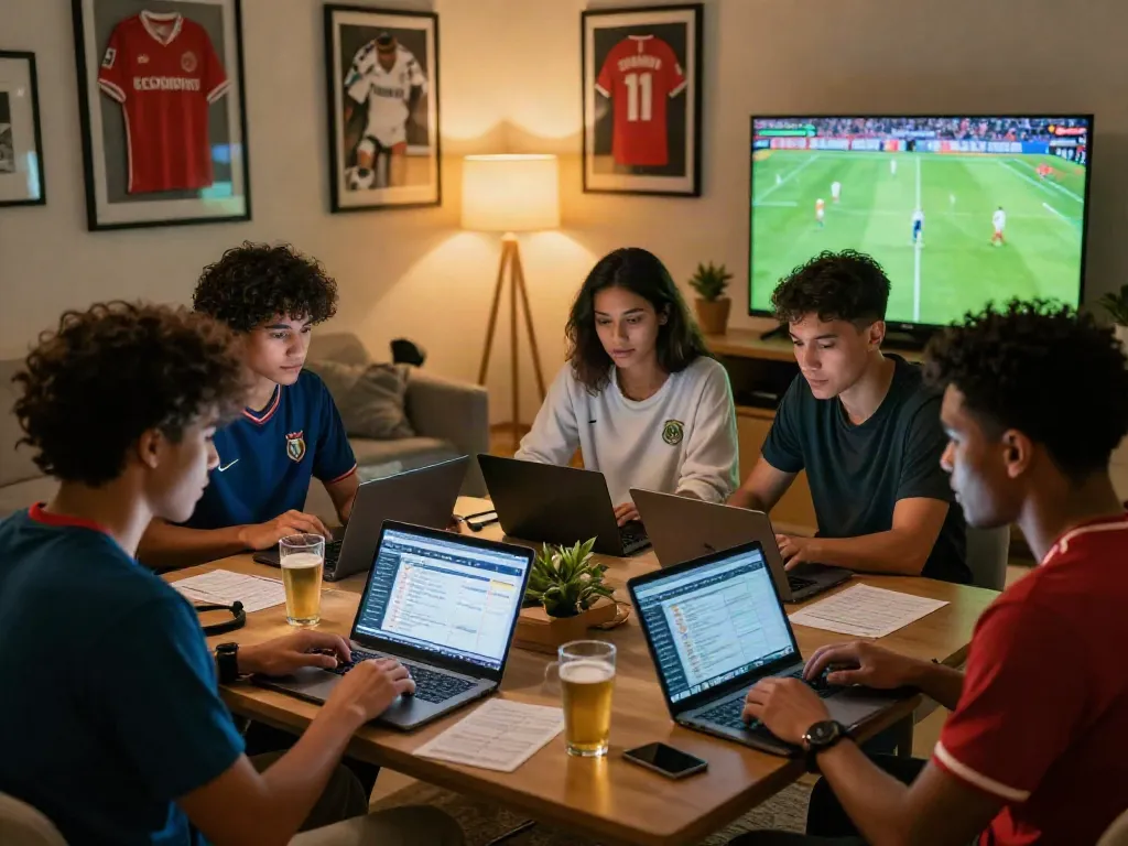 WWBOLA betting scene with friends analyzing sports statistics and enjoying the game together.