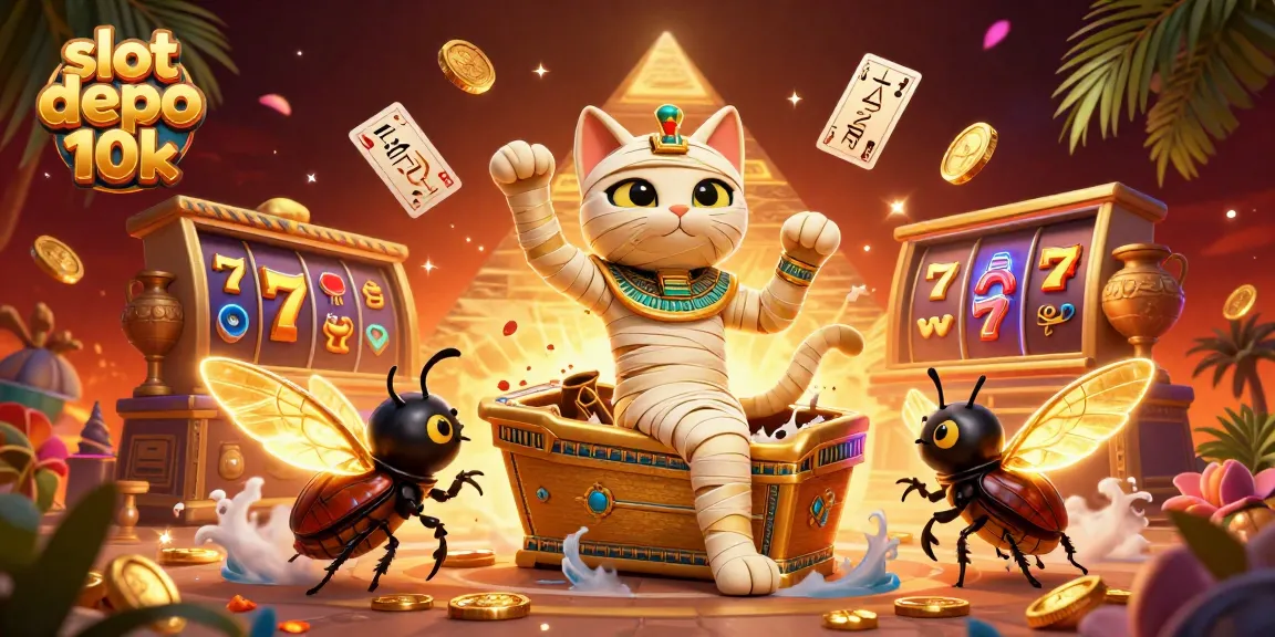 Slot depo 10k yang menampilkan kucing mummy kartun 3D dan elemen kasino yang memikat untuk menarik pemain.