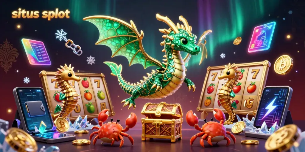 Permainan situs slot dengan naga laut 3D, simbol keberuntungan, dan elemen blockchain yang berkilauan.