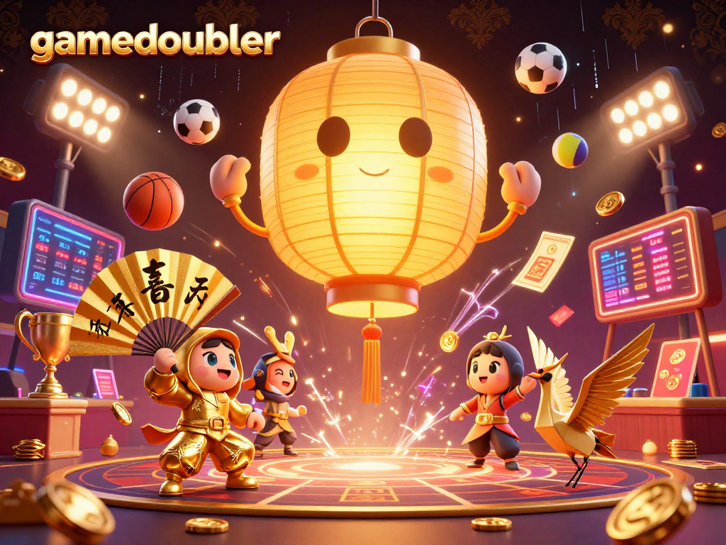 Experience gamedoubler's vibrant night market casino with dynamic sports elements and golden characters.