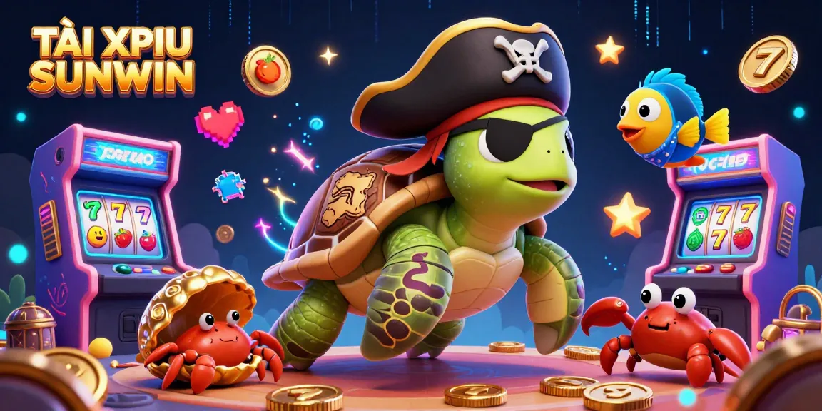 TÀI XỈU SUNWIN showcases a pirate-themed game scene with vibrant characters and slot elements for engaging gameplay.