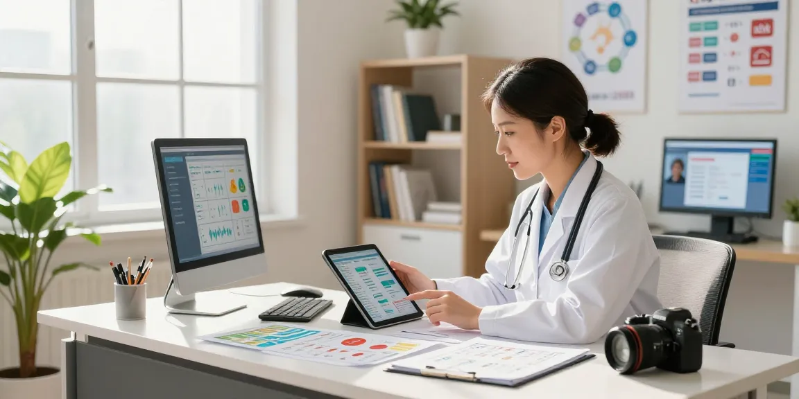 ブラビオンSの口コミを分析する医療専門家が、明るい診療所でタブレットを見ているシーン。