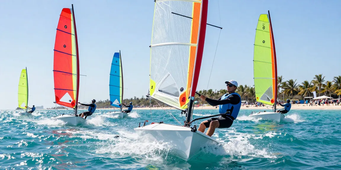 Sailor adjusting sails on a sleek sailboat at a vibrant sailing event, showcasing the excitement of slot 5k racing.