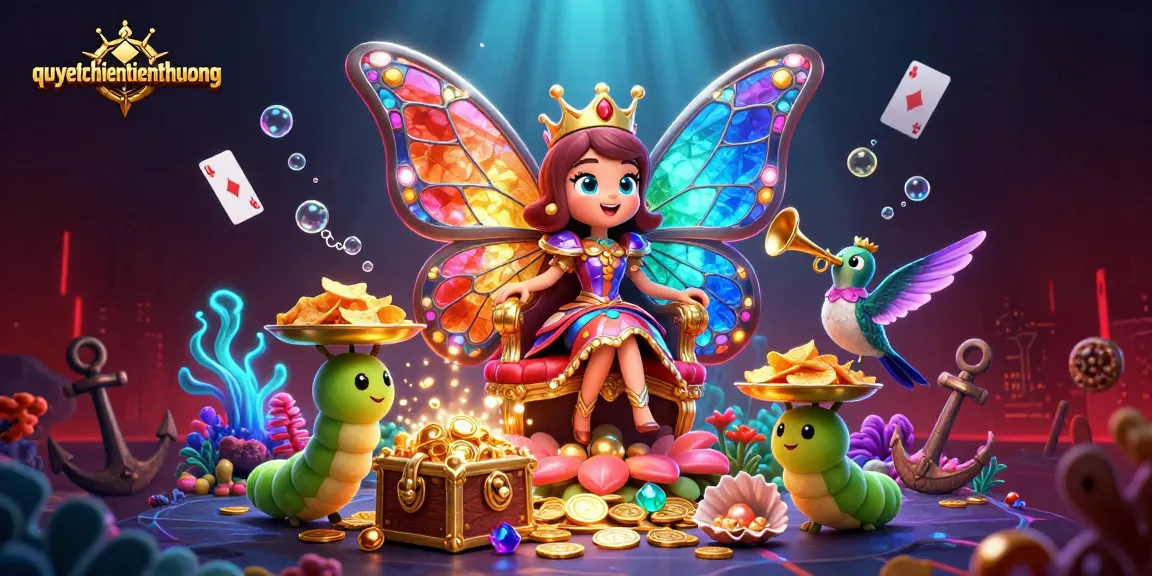 Play and win with quyetchientienthuong featuring a magical butterfly queen in a vibrant casino scene.