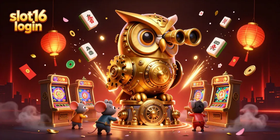 Play slot16 login with a captivating illustration of golden owl and vibrant casino elements.
