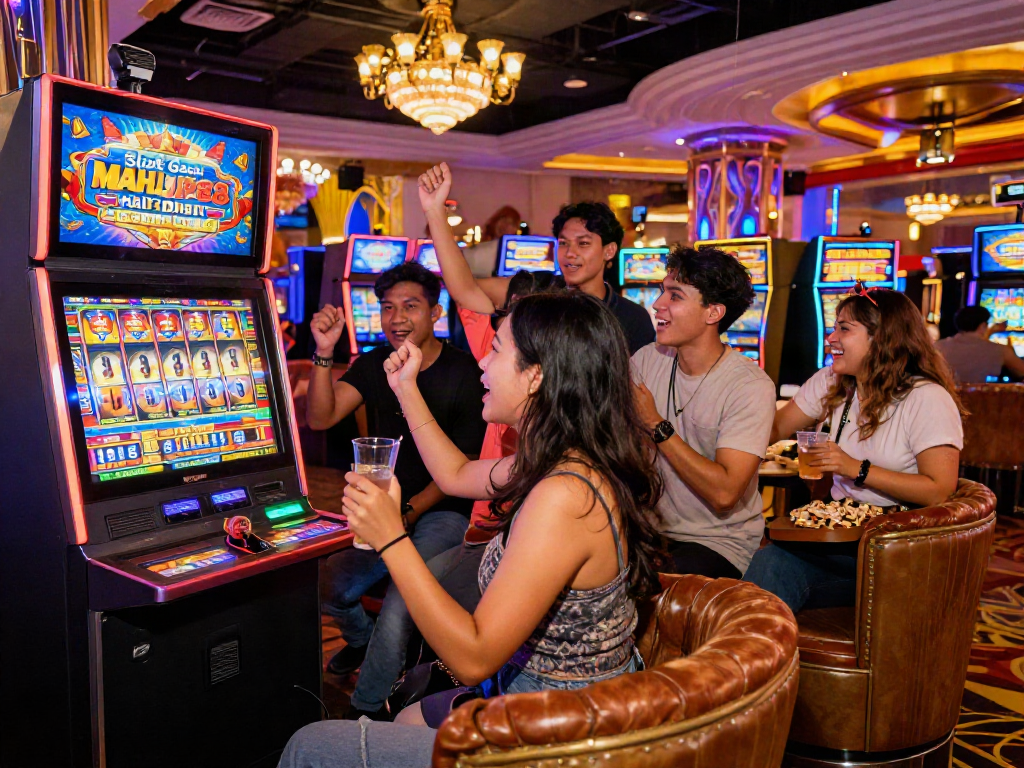 Game enthusiasts celebrating around Slot Gacor MAHJONGJP88 in a lively casino atmosphere.