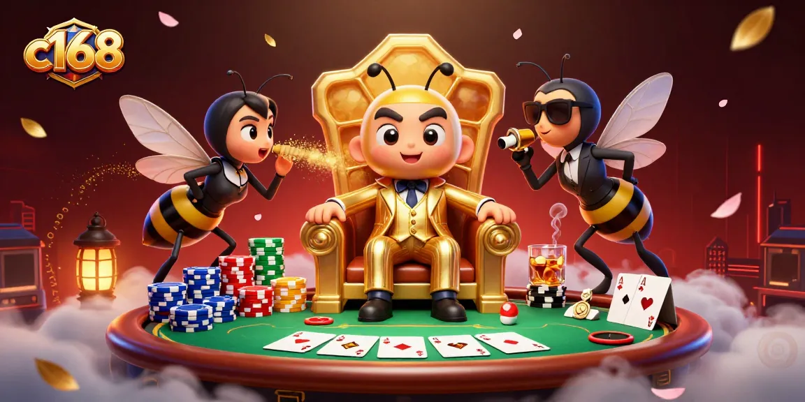 Experience the thrill of c168 with a vibrant casino scene featuring lively characters and poker elements.