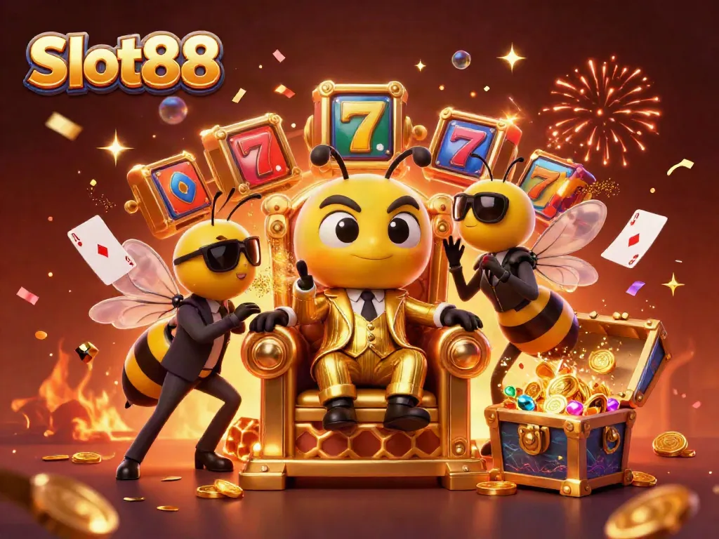 Experience big wins with Slot88 in a vibrant casino scene featuring animated characters and game elements.